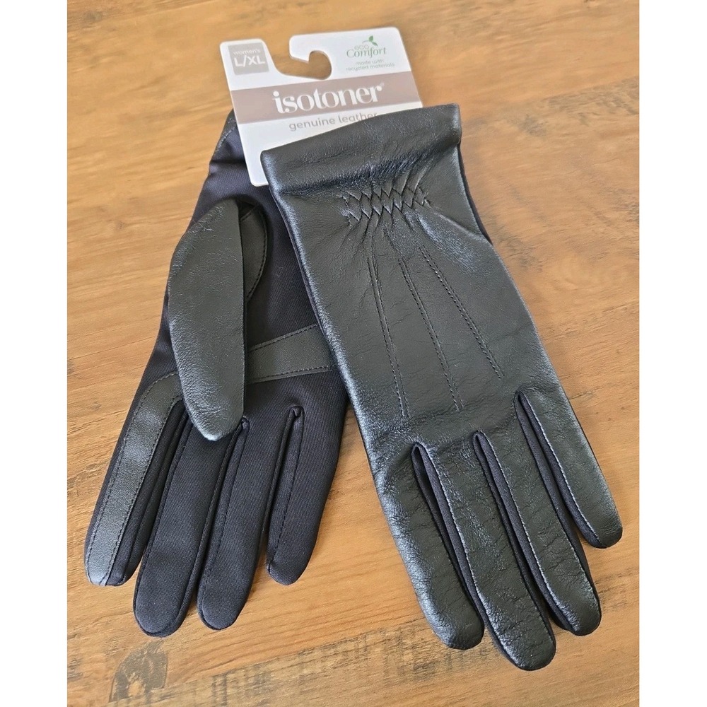 Isotoner Women's Genuine Leather/Faux Fur Lined Smartouch Gloves Black L/XL NWT